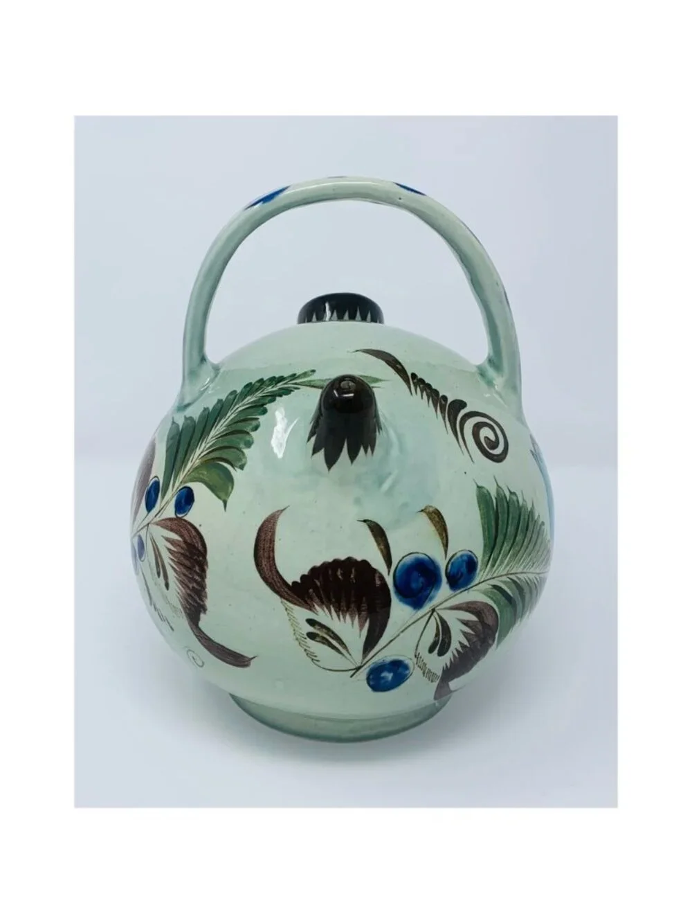 Vintage Noe Suro Tonala Teapot Floral Blue Bird Folk Art Mexico Signed 8x6